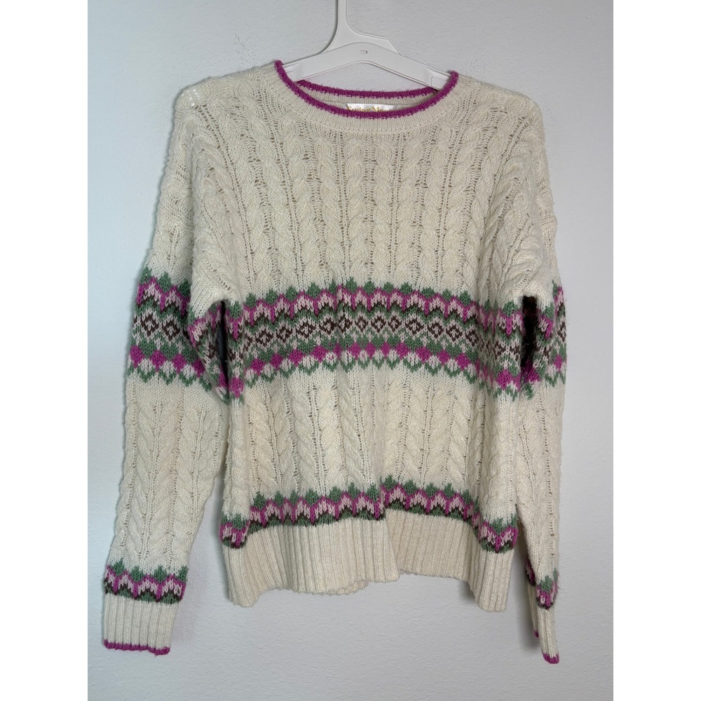 Sugar Moon Cream Cable Knit Fair Isle Sweater Pink Green Medium Crew Neck